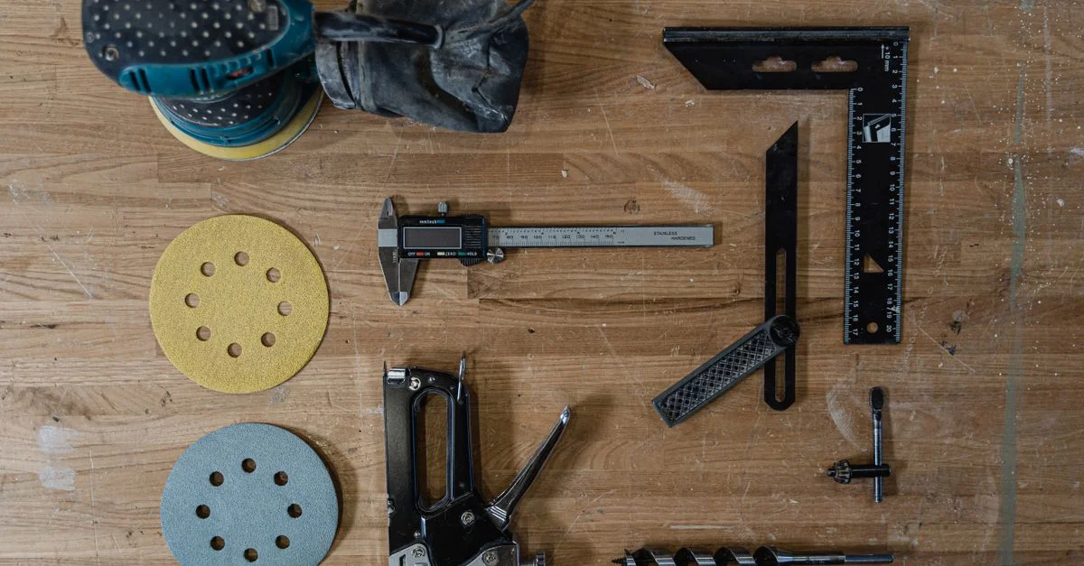 Large assortiment d'outils de menuiserie soigneusement disposés sur le dessus d'un établi en bois.
