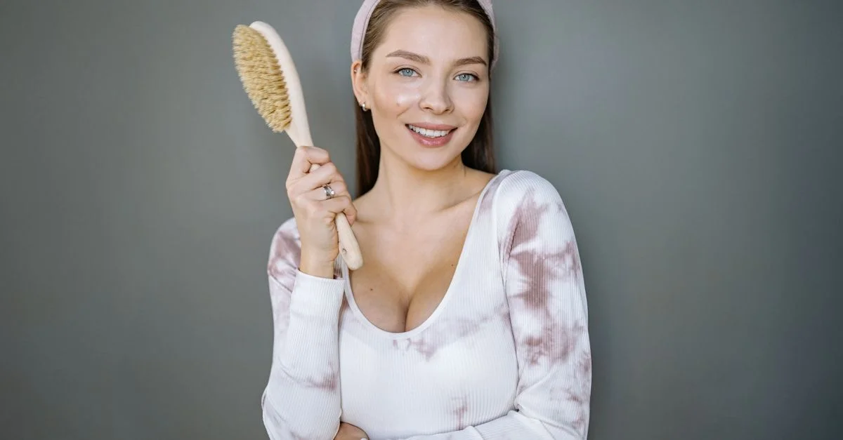 Femme souriante avec de longs cheveux tenant une brosse, exprimant joie et confiance à l'intérieur.